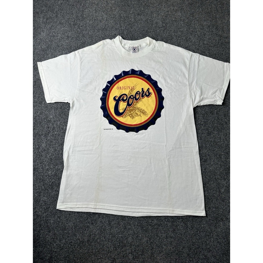 Mens T Shirt Coors Beer Logo Graphic White 1997 Bottle Cap, Size XL